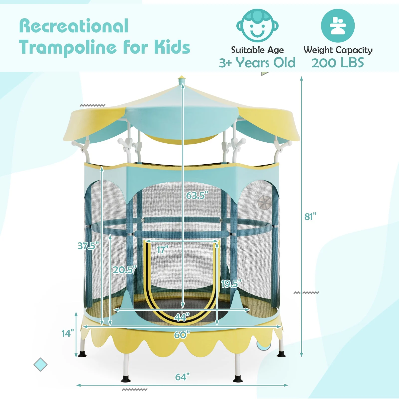 64 Inch Kids Trampoline with Detachable Canopy and Safety Enclosure Net-Yellow - Image 4