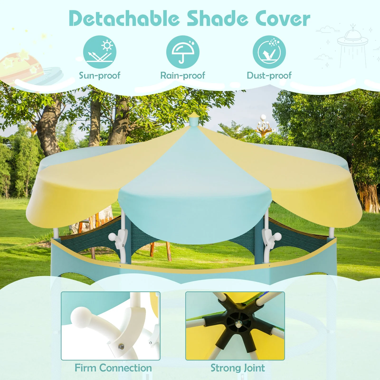 64 Inch Kids Trampoline with Detachable Canopy and Safety Enclosure Net-Yellow - Image 5