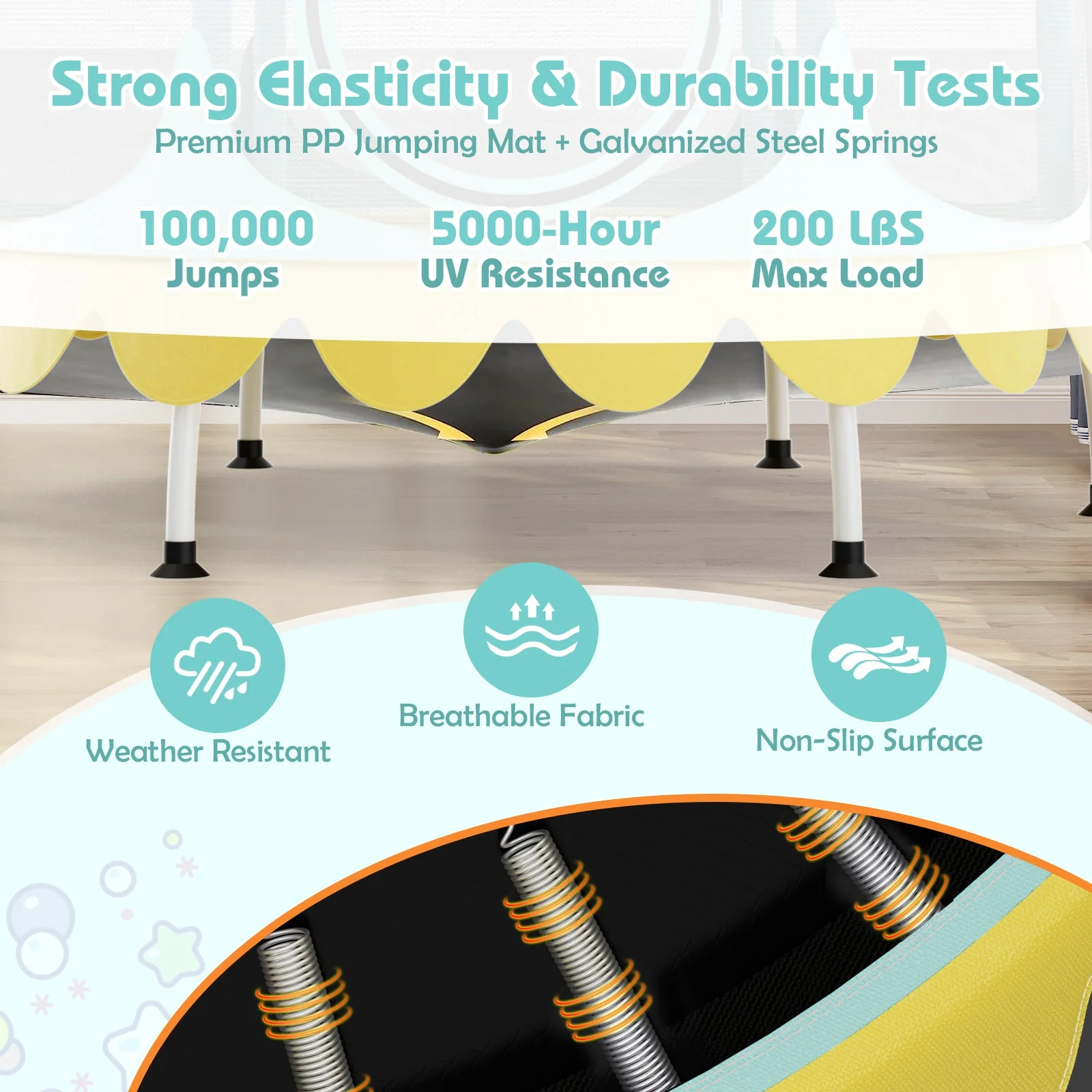 64 Inch Kids Trampoline with Detachable Canopy and Safety Enclosure Net-Yellow - Image 7