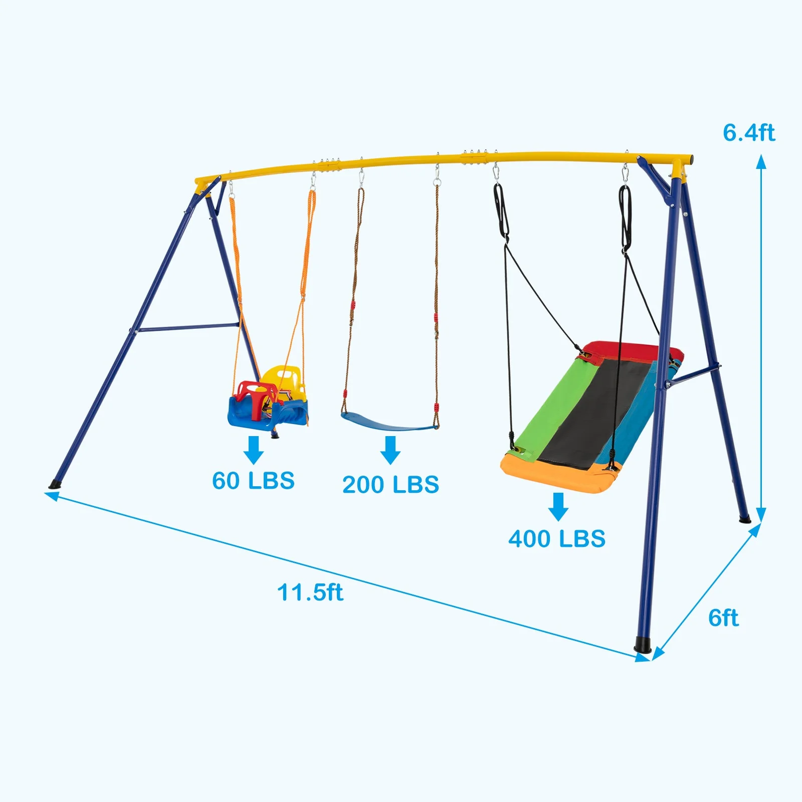 660 LBS Heavy Duty Carbon Steel Swing Frame with 3 Swings-Yellow - Image 5