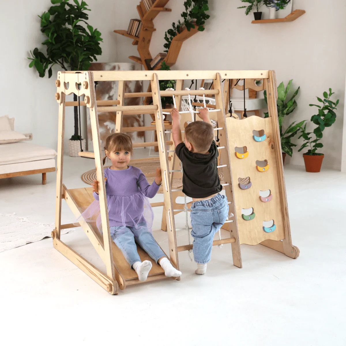 6in1 Indoor Jungle Gym for Toddler: Playground + Swings Set + Slide Board + Rope + Stairs - Image 8