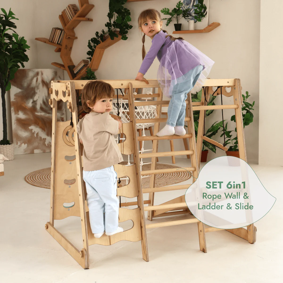 6in1 Indoor Jungle Gym for Toddler: Playground + Swings Set + Slide Board + Rope + Stairs - Image 4
