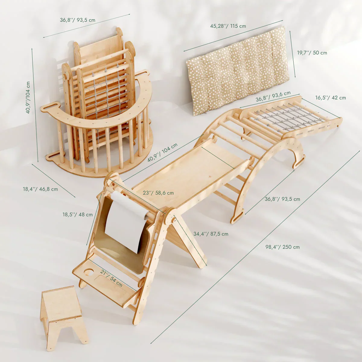 6in1 Montessori Climbing Set: Triangle Ladder + Arch/Rocker + Slide/Ramp + Net + Cushion + Art Addition - Image 2