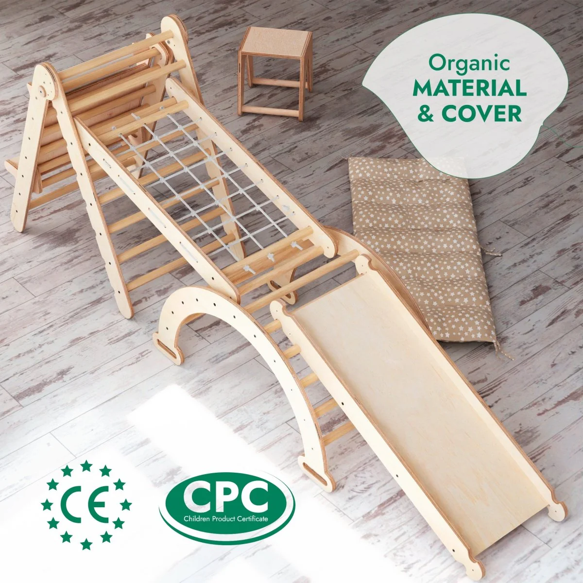 6in1 Montessori Climbing Set: Triangle Ladder + Arch/Rocker + Slide/Ramp + Net + Cushion + Art Addition - Image 10