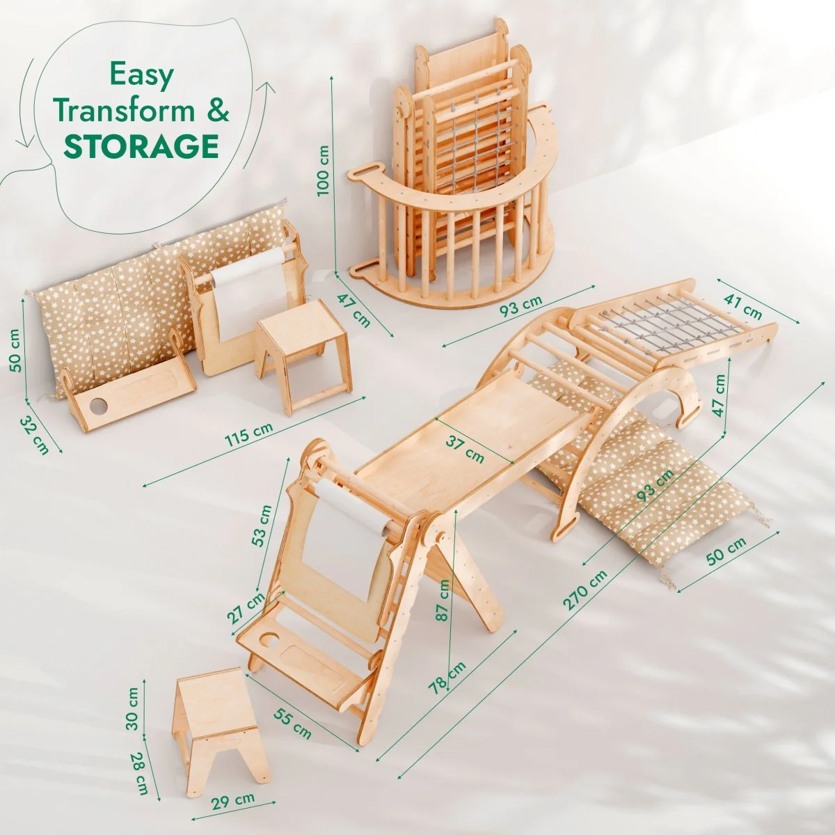 6in1 Montessori Climbing Set: Triangle Ladder + Arch/Rocker + Slide/Ramp + Net + Cushion + Art Addition - Image 2