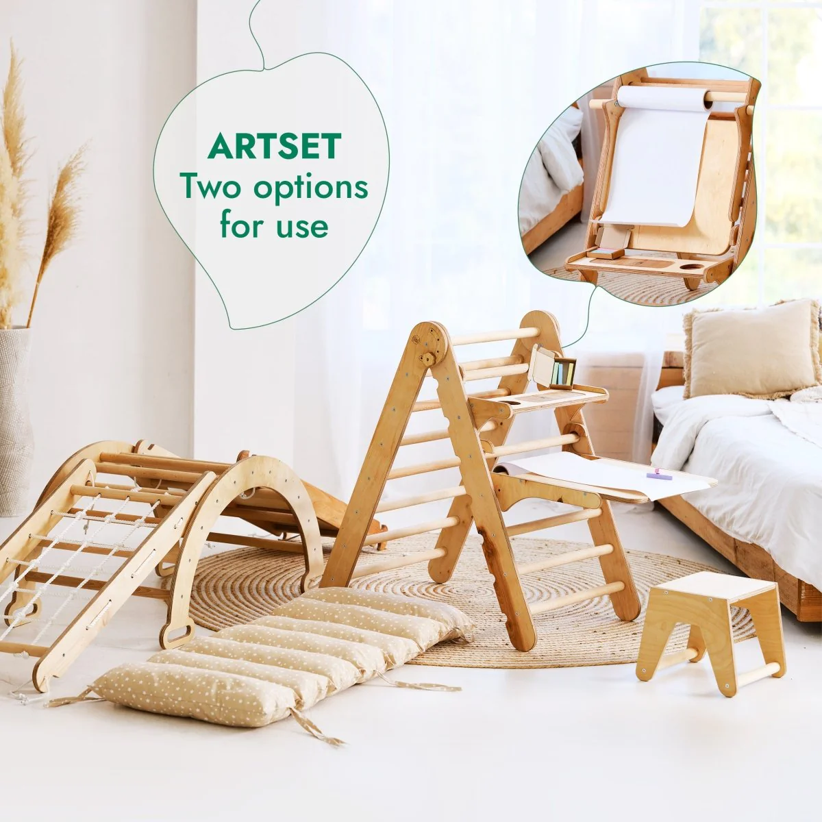 6in1 Montessori Climbing Set: Triangle Ladder + Arch/Rocker + Slide/Ramp + Net + Cushion + Art Addition - Image 3