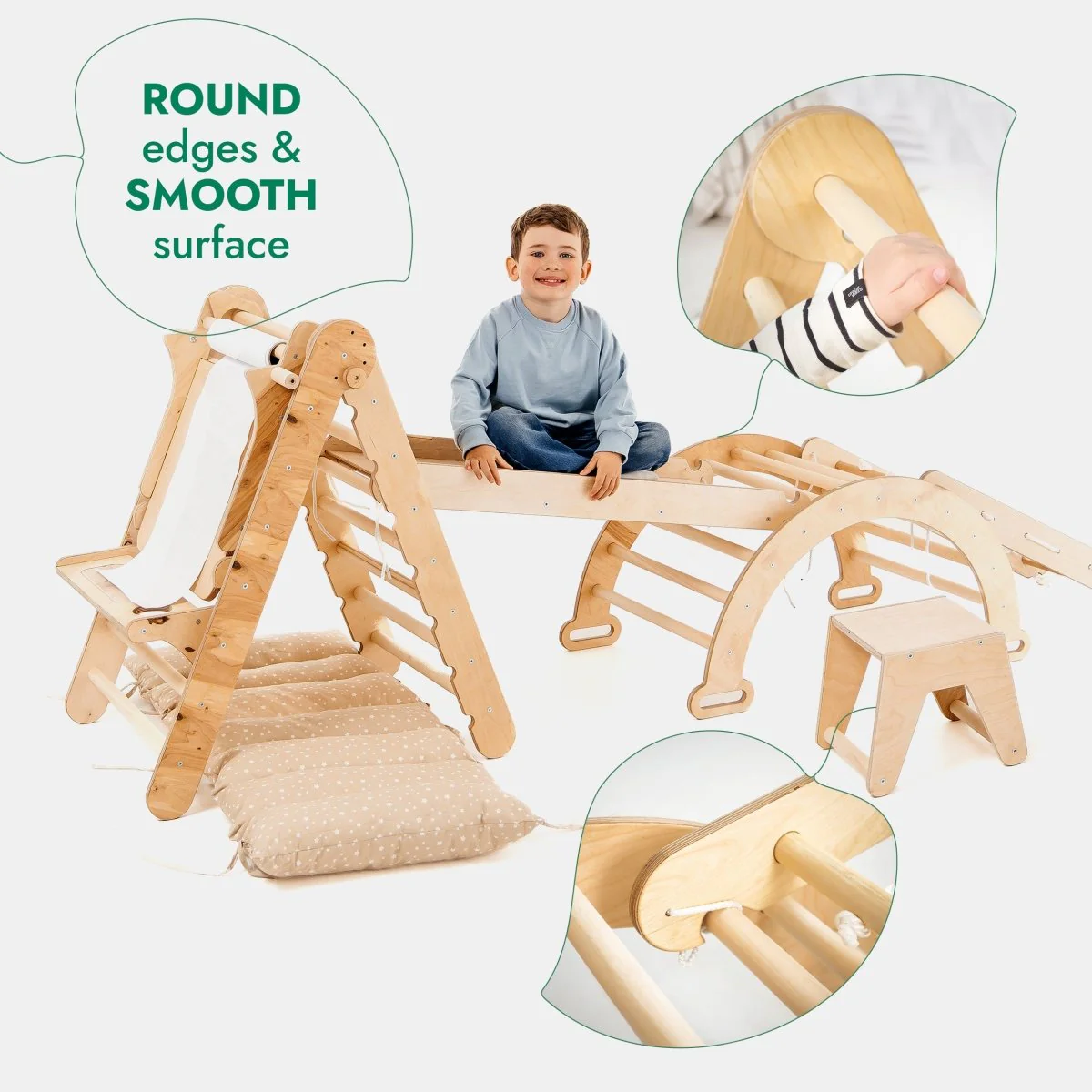 6in1 Montessori Climbing Set: Triangle Ladder + Arch/Rocker + Slide/Ramp + Net + Cushion + Art Addition - Image 4