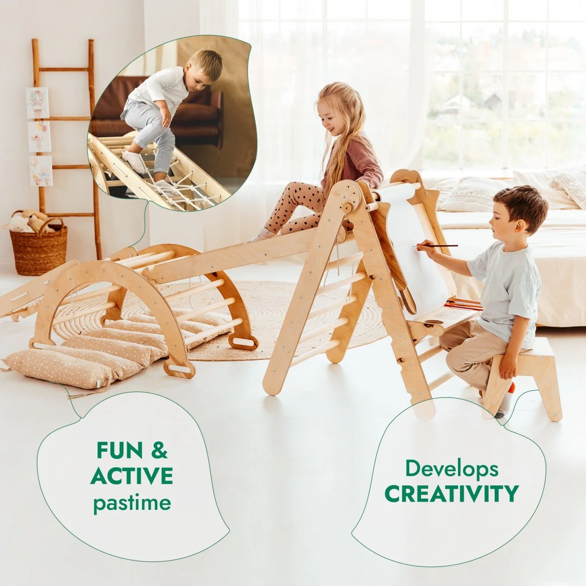 6in1 Montessori Climbing Set: Triangle Ladder + Arch/Rocker + Slide/Ramp + Net + Cushion + Art Addition - Image 5