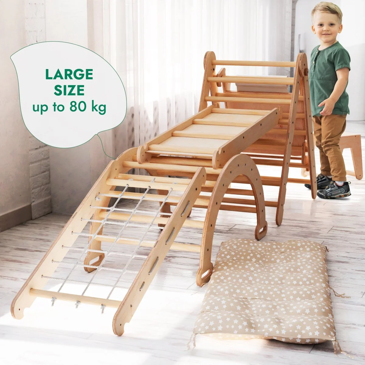 6in1 Montessori Climbing Set: Triangle Ladder + Arch/Rocker + Slide/Ramp + Net + Cushion + Art Addition - Image 6