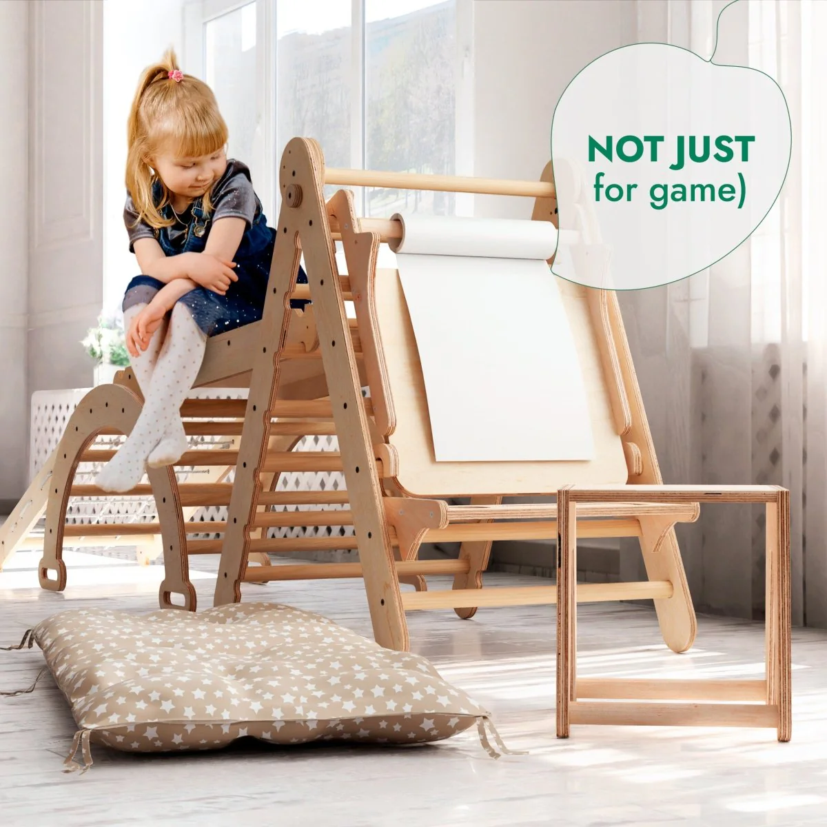 6in1 Montessori Climbing Set: Triangle Ladder + Arch/Rocker + Slide/Ramp + Net + Cushion + Art Addition - Image 8