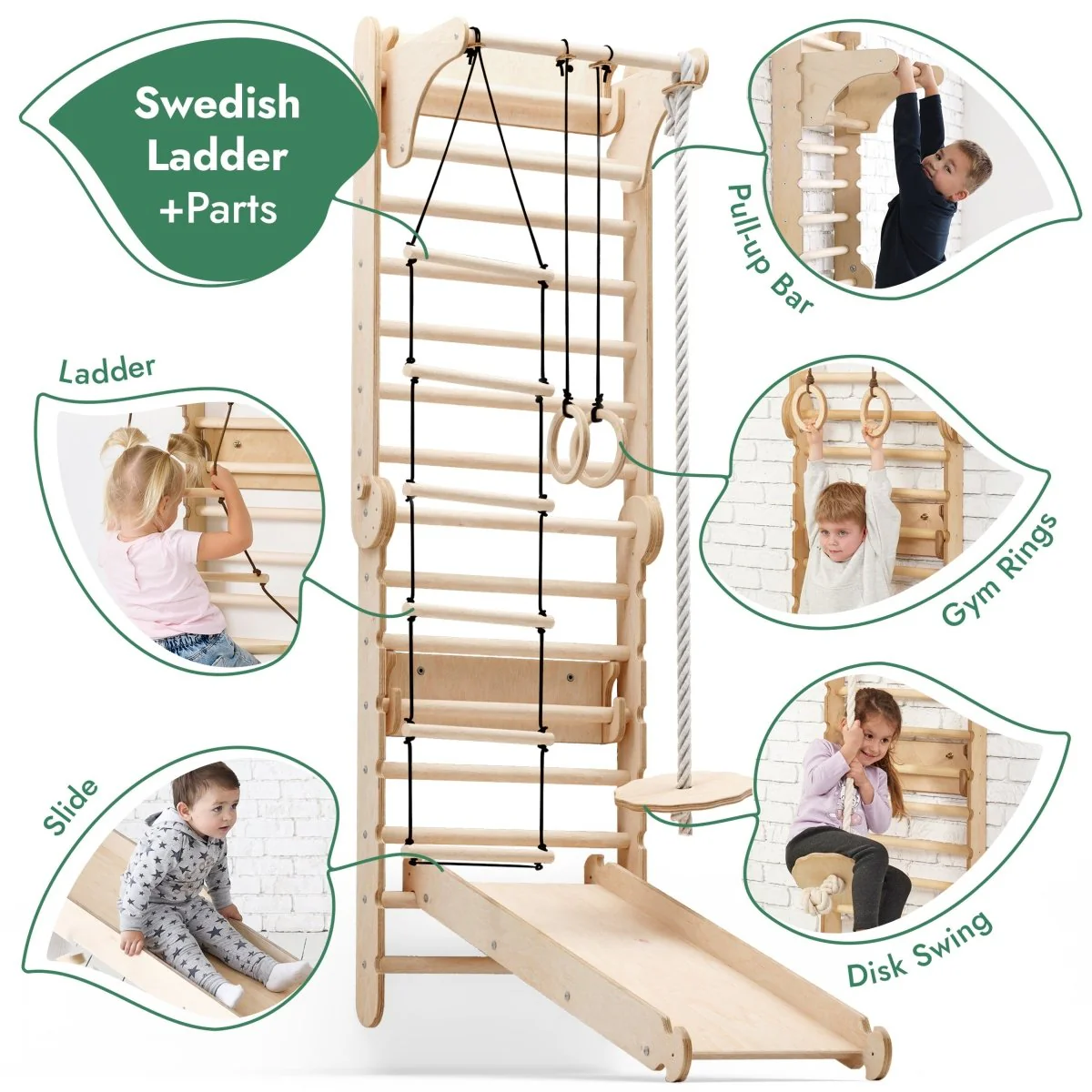 6in1 Wooden Swedish Wall / Climbing ladder for Children + Swing Set + Slide Board - Image 2