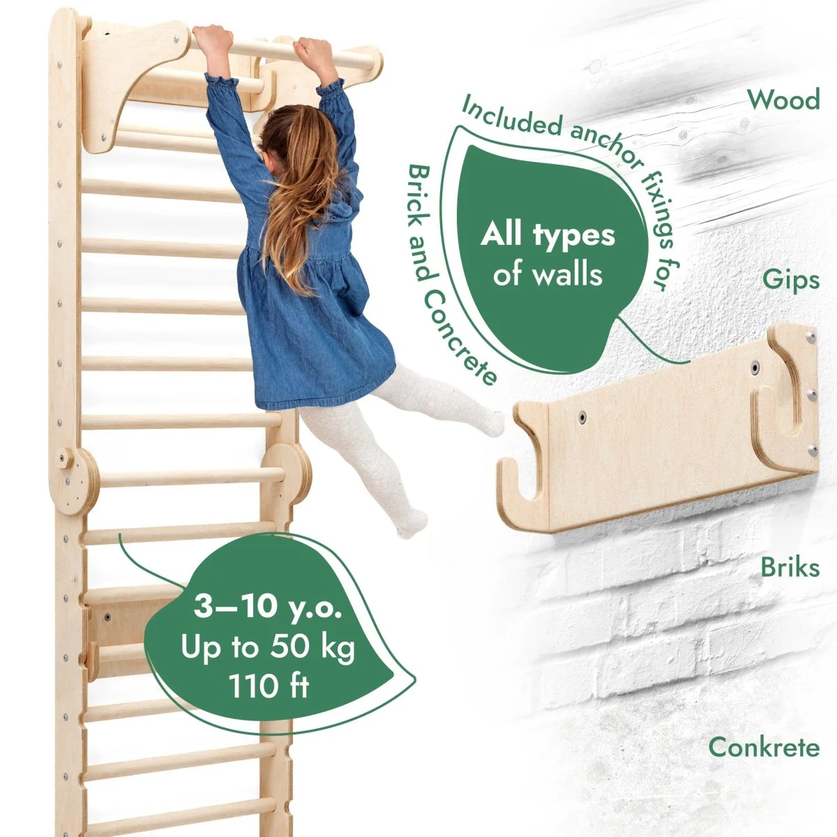 6in1 Wooden Swedish Wall / Climbing ladder for Children + Swing Set + Slide Board - Image 3