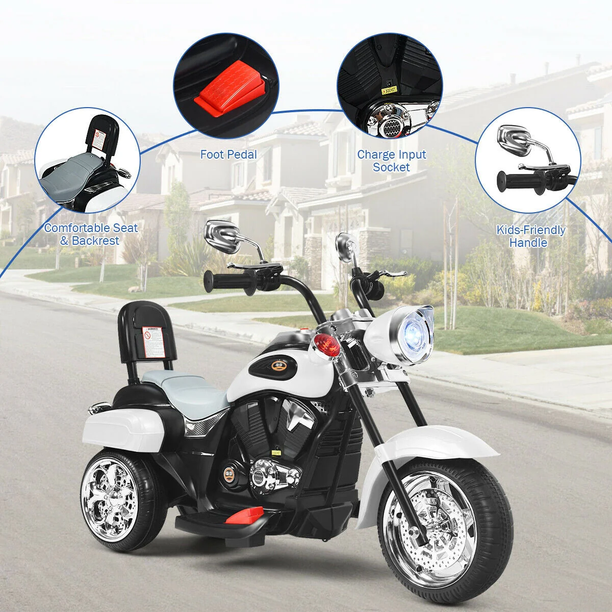 6V 3 Wheel Kids Motorcycle-White - Image 6