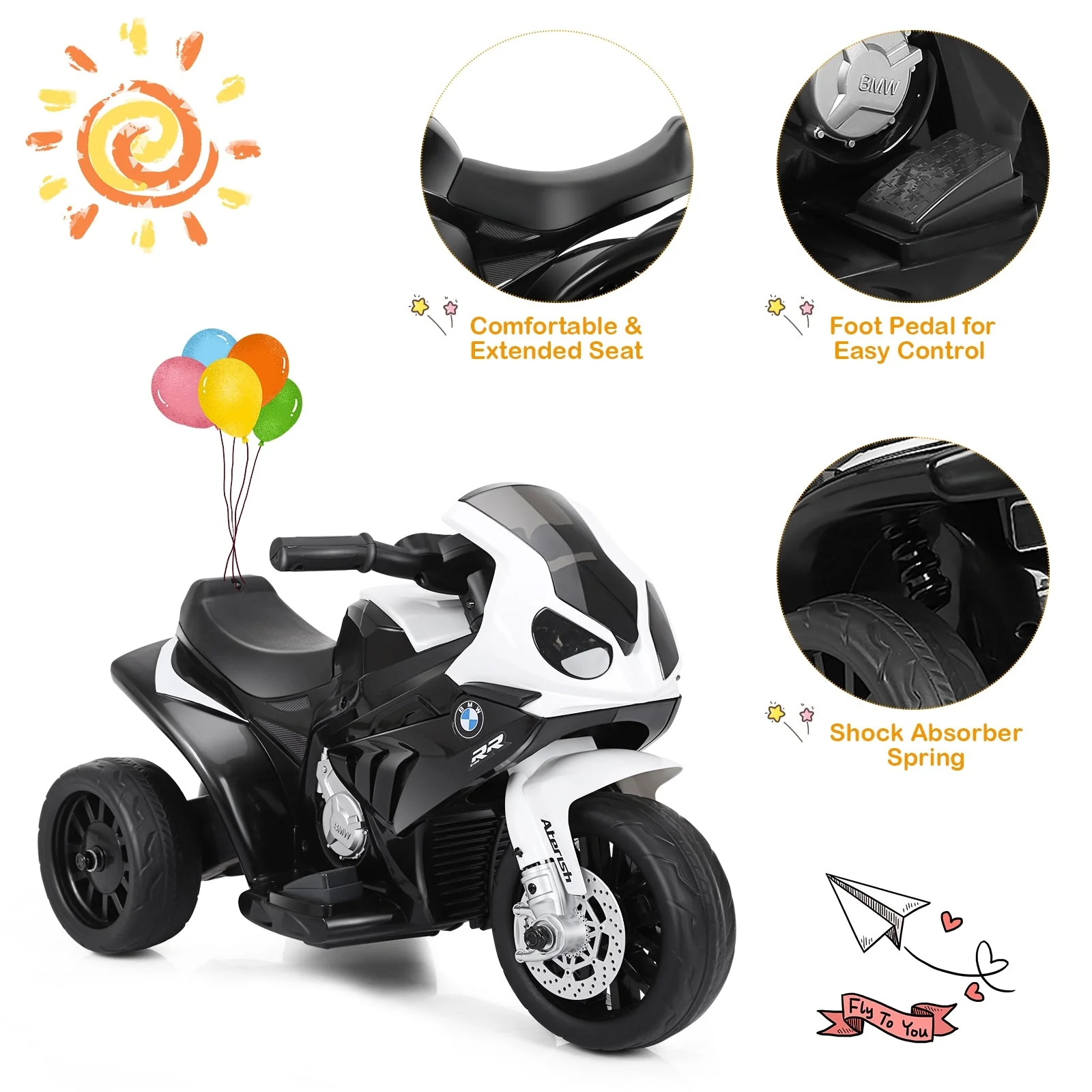 6V Kids 3 Wheels Riding BMW Licensed Electric Motorcycle-Black - Image 6