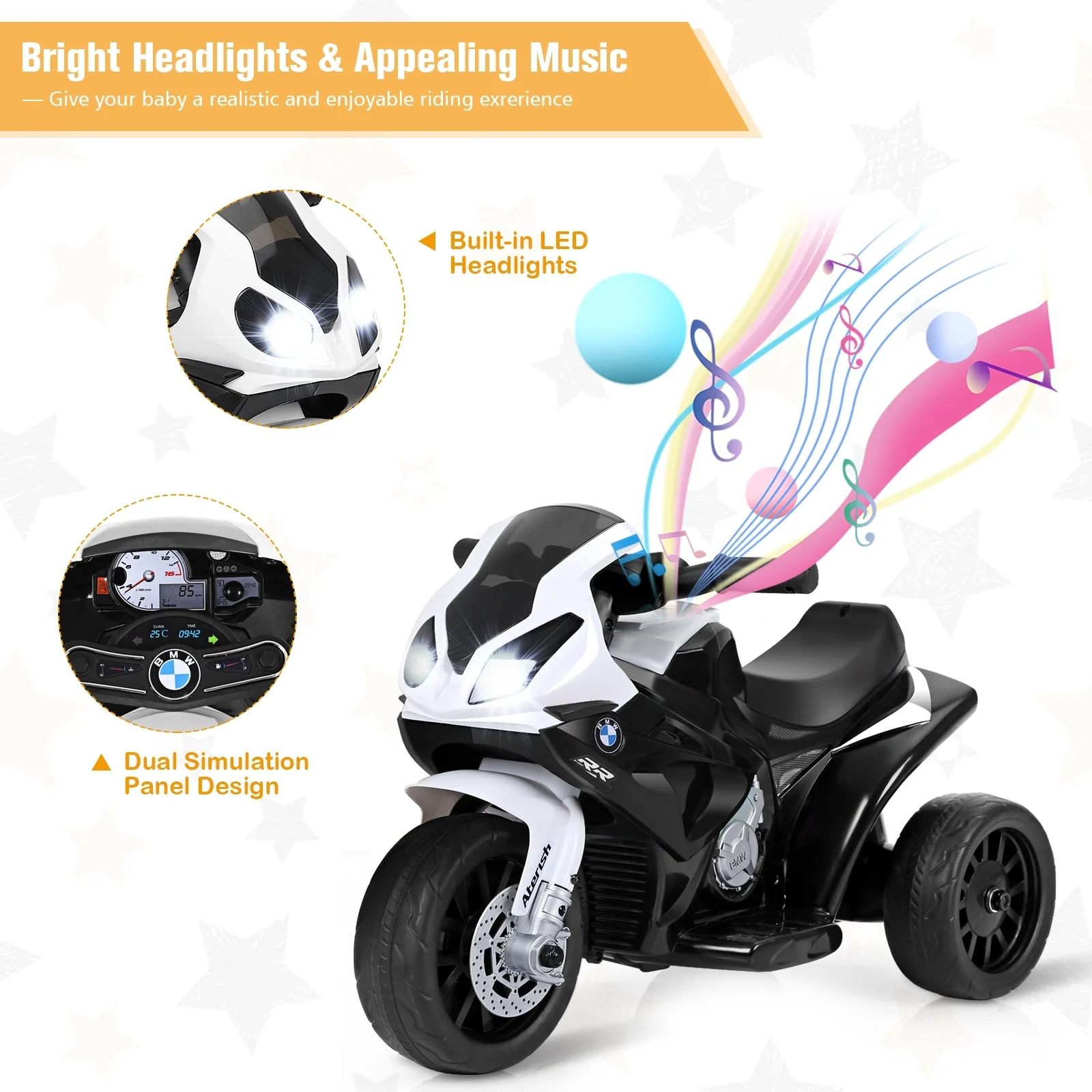 6V Kids 3 Wheels Riding BMW Licensed Electric Motorcycle-Black - Image 7