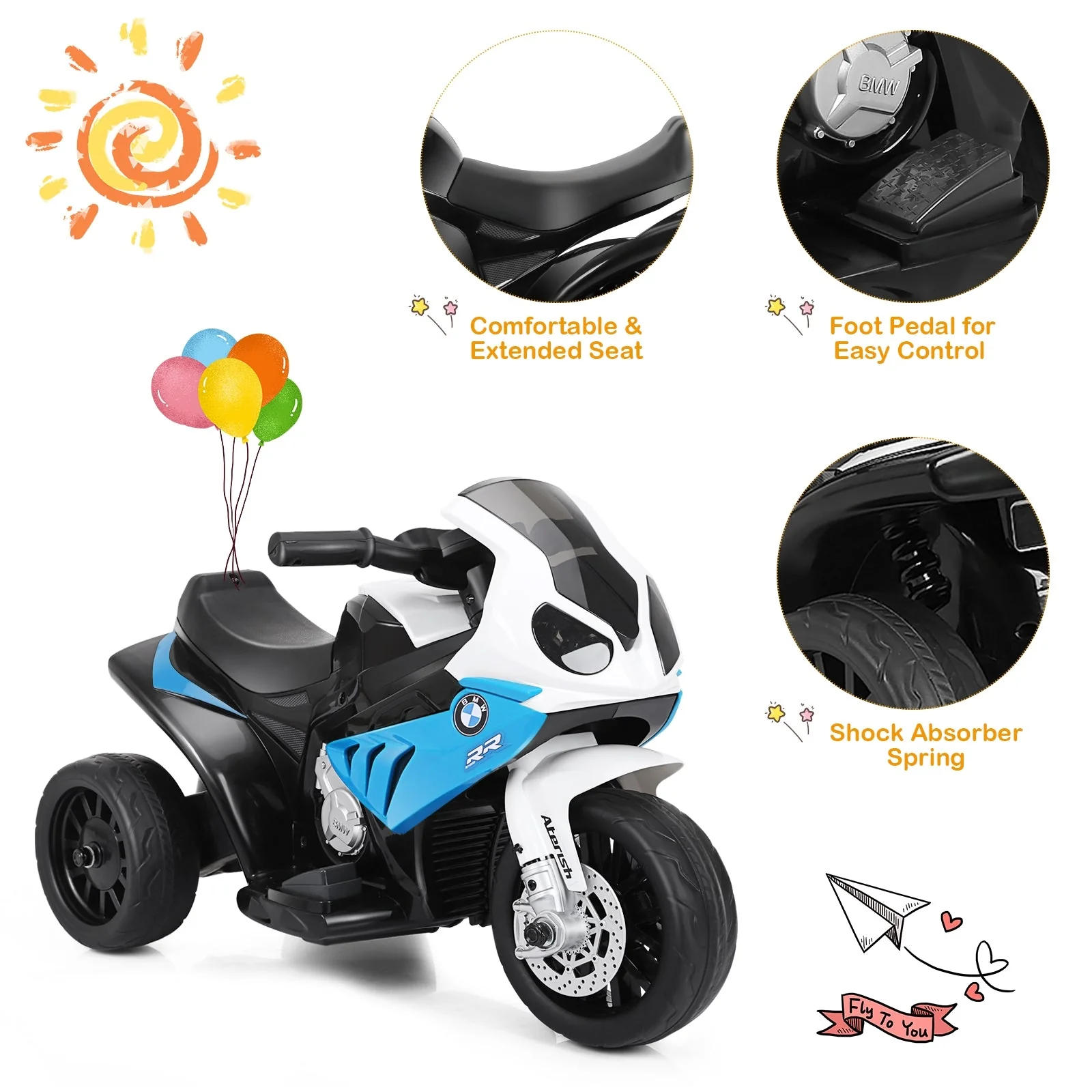 6V Kids 3 Wheels Riding BMW Licensed Electric Motorcycle-Blue - Image 6