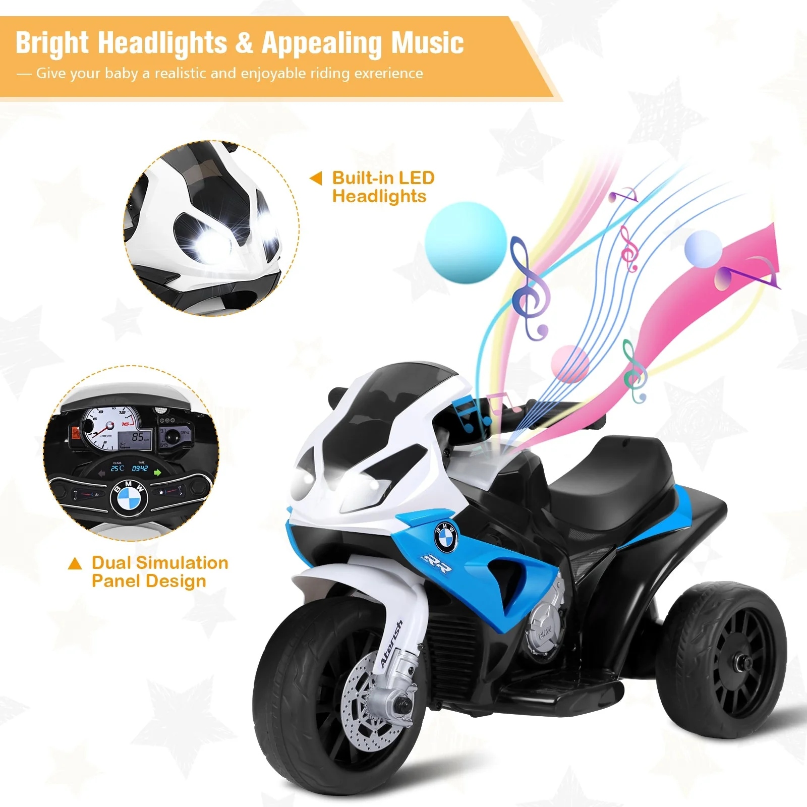 6V Kids 3 Wheels Riding BMW Licensed Electric Motorcycle-Blue - Image 7