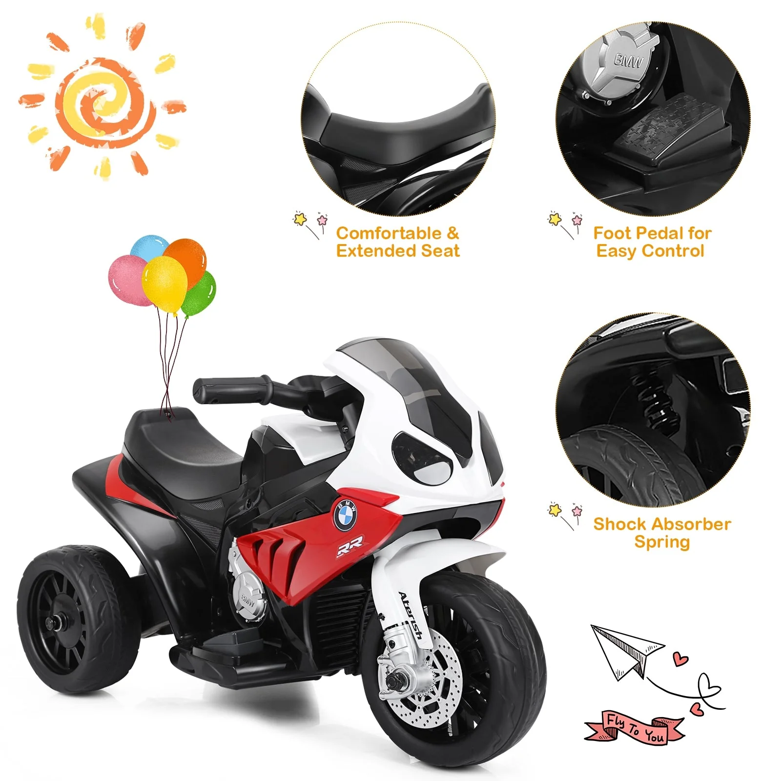 6V Kids 3 Wheels Riding BMW Licensed Electric Motorcycle-Red - Image 8