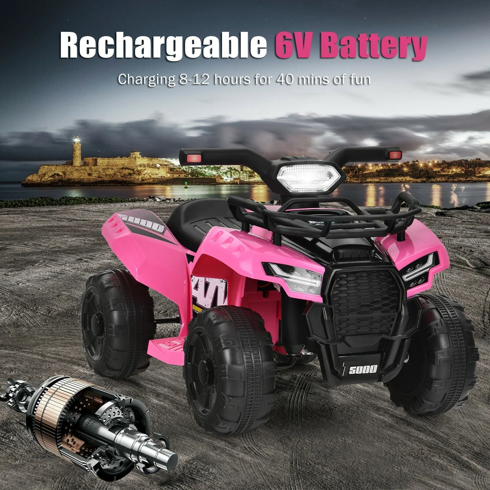 6V Kids ATV Quad Electric Ride On Car with LED Light and MP3-Pink - Image 2