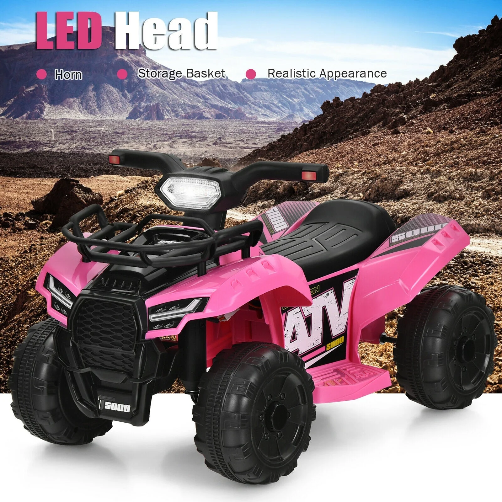 6V Kids ATV Quad Electric Ride On Car with LED Light and MP3-Pink - Image 5