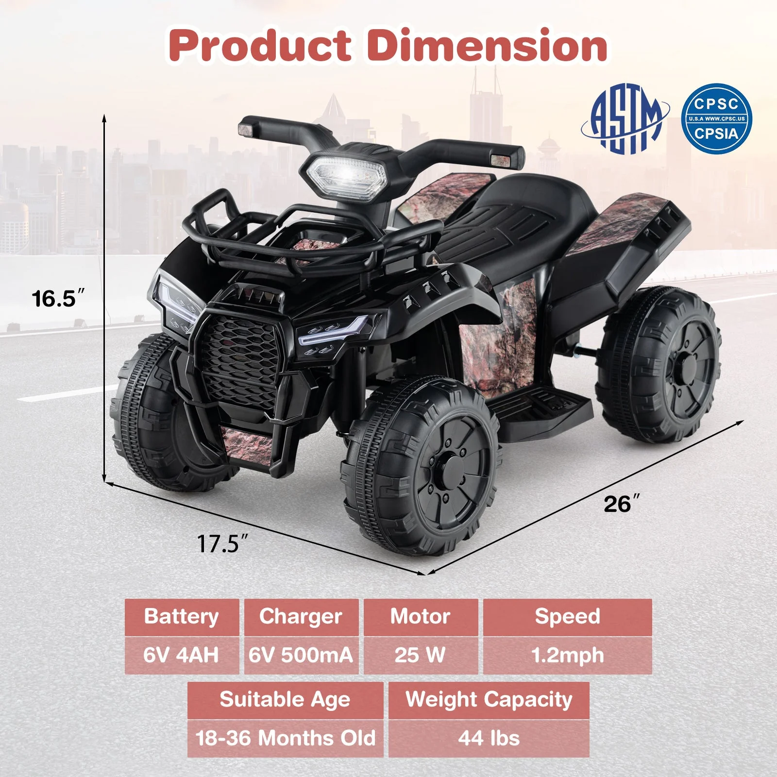 6V Kids ATV Quad Electric Ride On Car with LED Light and MP3-Solid Black - Image 5