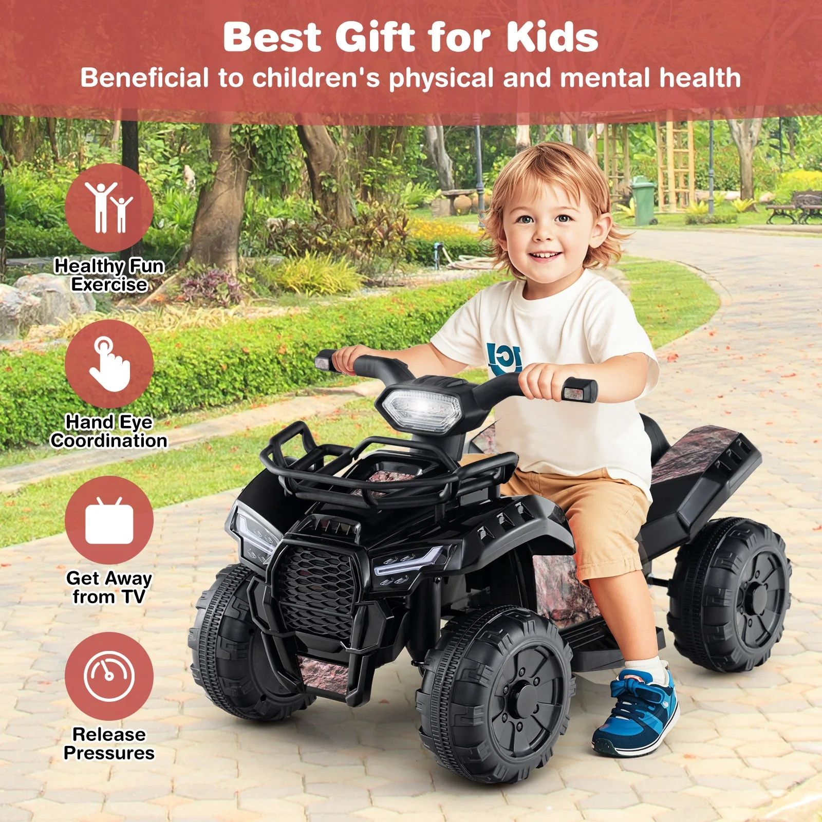 6V Kids ATV Quad Electric Ride On Car with LED Light and MP3-Solid Black - Image 6