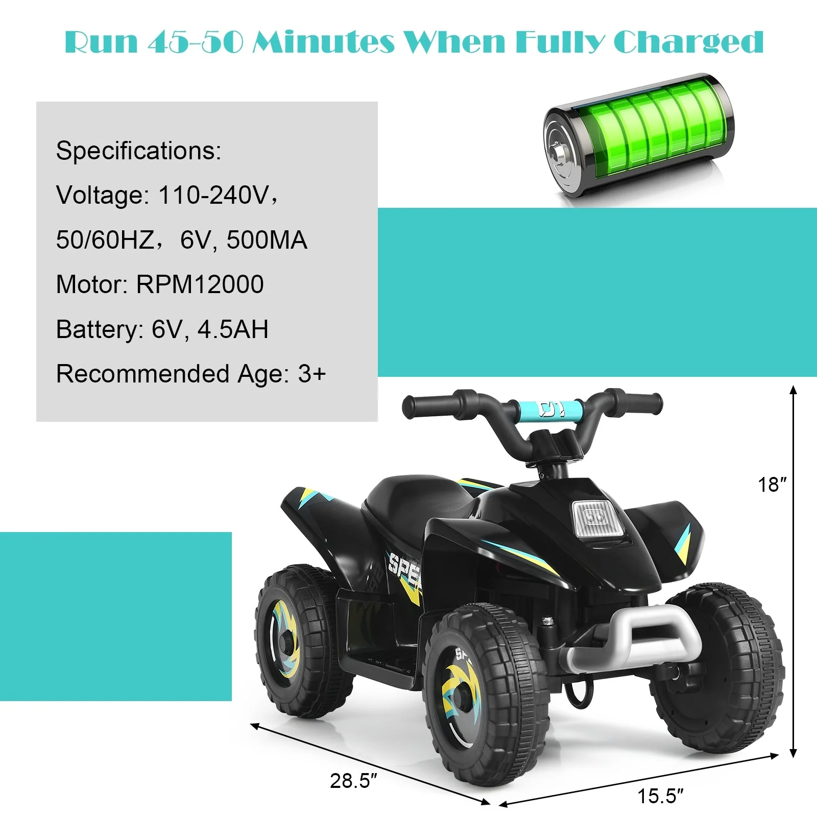 6V Kids Electric ATV 4 Wheels Ride-On Toy -Black - Image 5