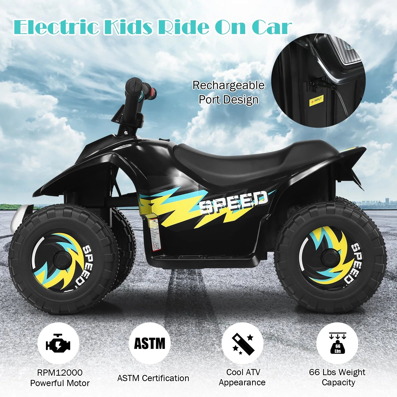 6V Kids Electric ATV 4 Wheels Ride-On Toy -Black - Image 7