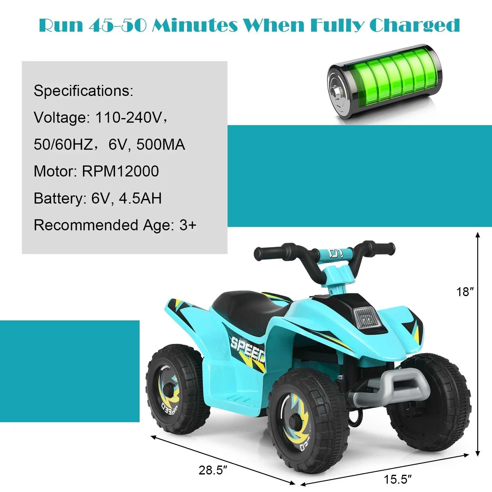 6V Kids Electric ATV 4 Wheels Ride-On Toy -Blue - Image 5