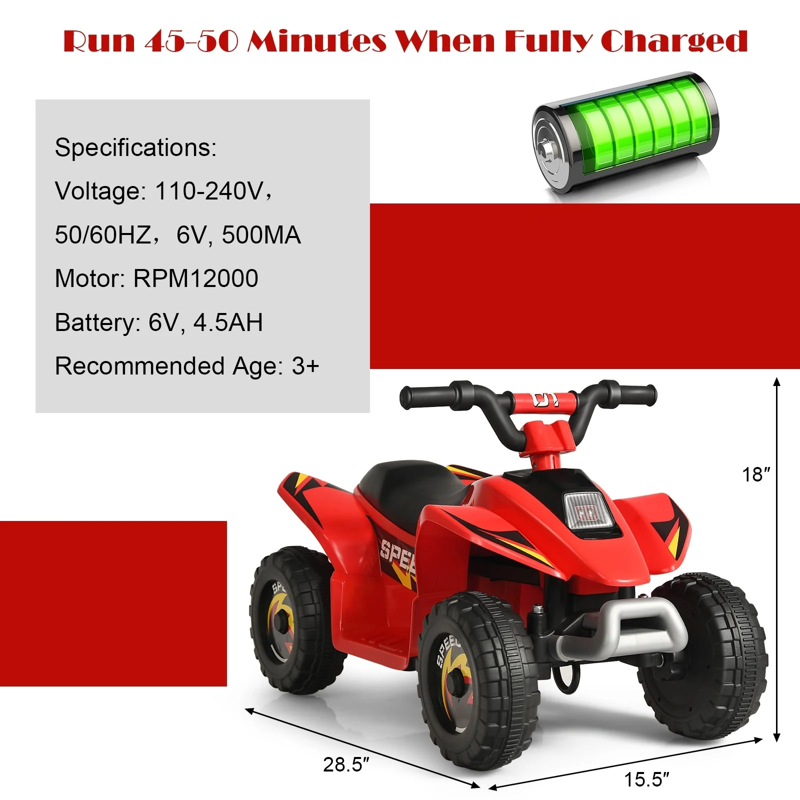 6V Kids Electric ATV 4 Wheels Ride-On Toy-Red - Image 5