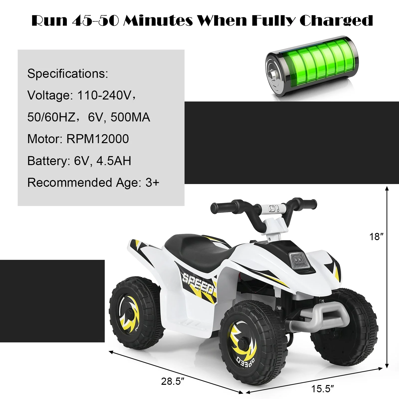 6V Kids Electric ATV 4 Wheels Ride-On Toy-White - Image 5