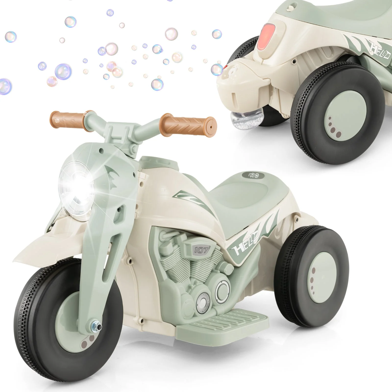 6V Kids Electric Ride on Motorcycle with Bubble Maker and Music-Beige - Image 3