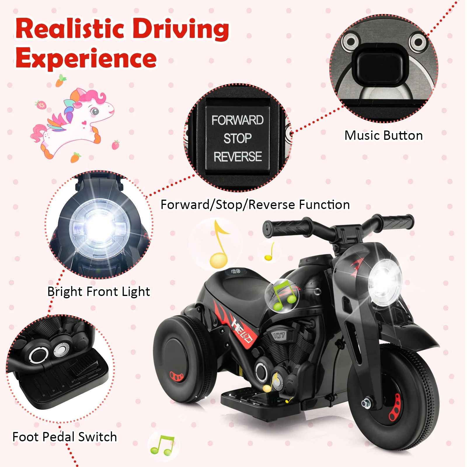 6V Kids Electric Ride on Motorcycle with Bubble Maker and Music-Black - Image 8