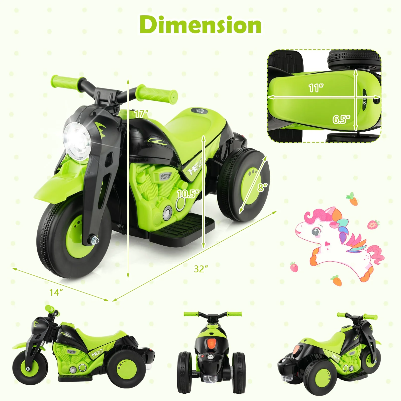 6V Kids Electric Ride on Motorcycle with Bubble Maker and Music-Green - Image 4