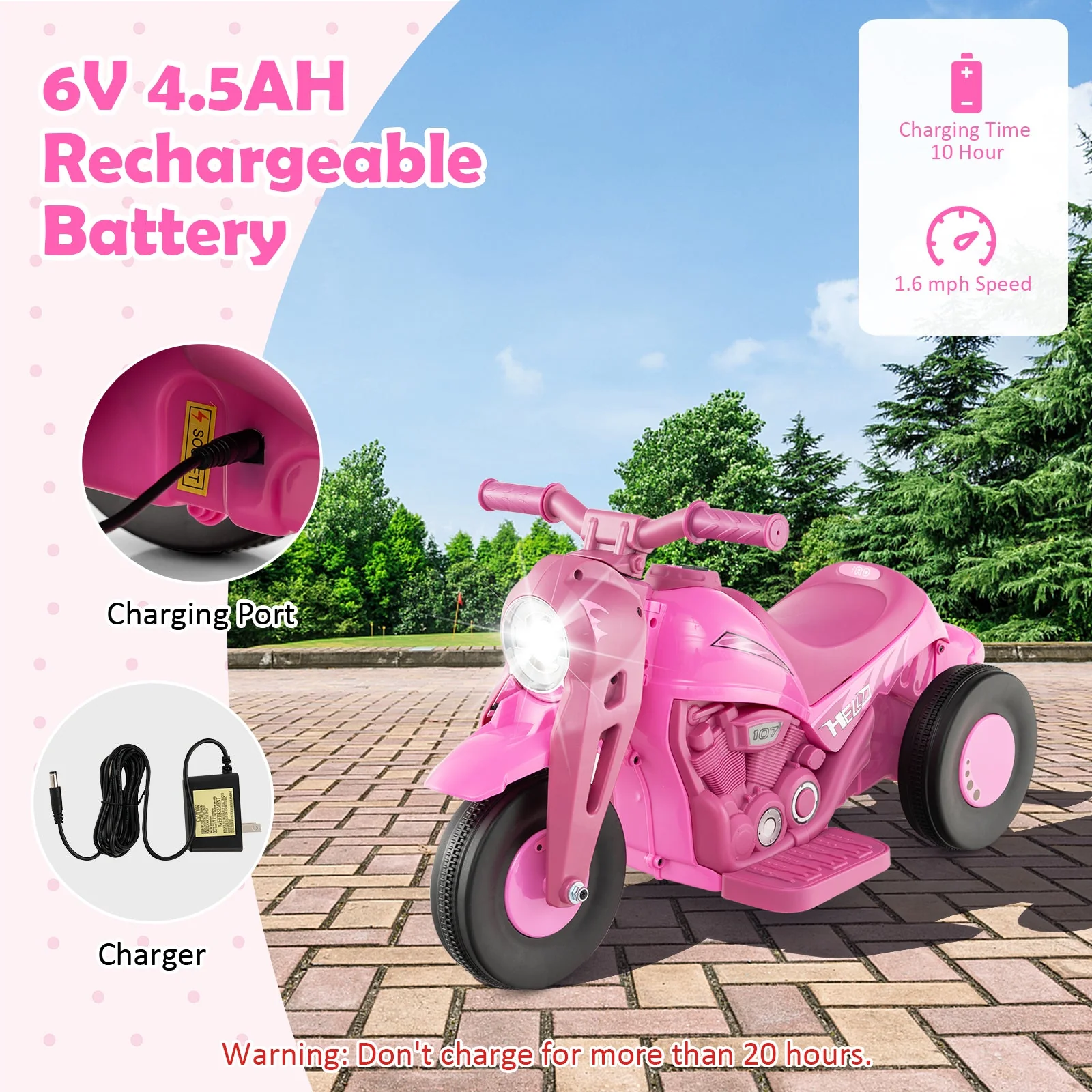 6V Kids Electric Ride on Motorcycle with Bubble Maker and Music-Pink - Image 7