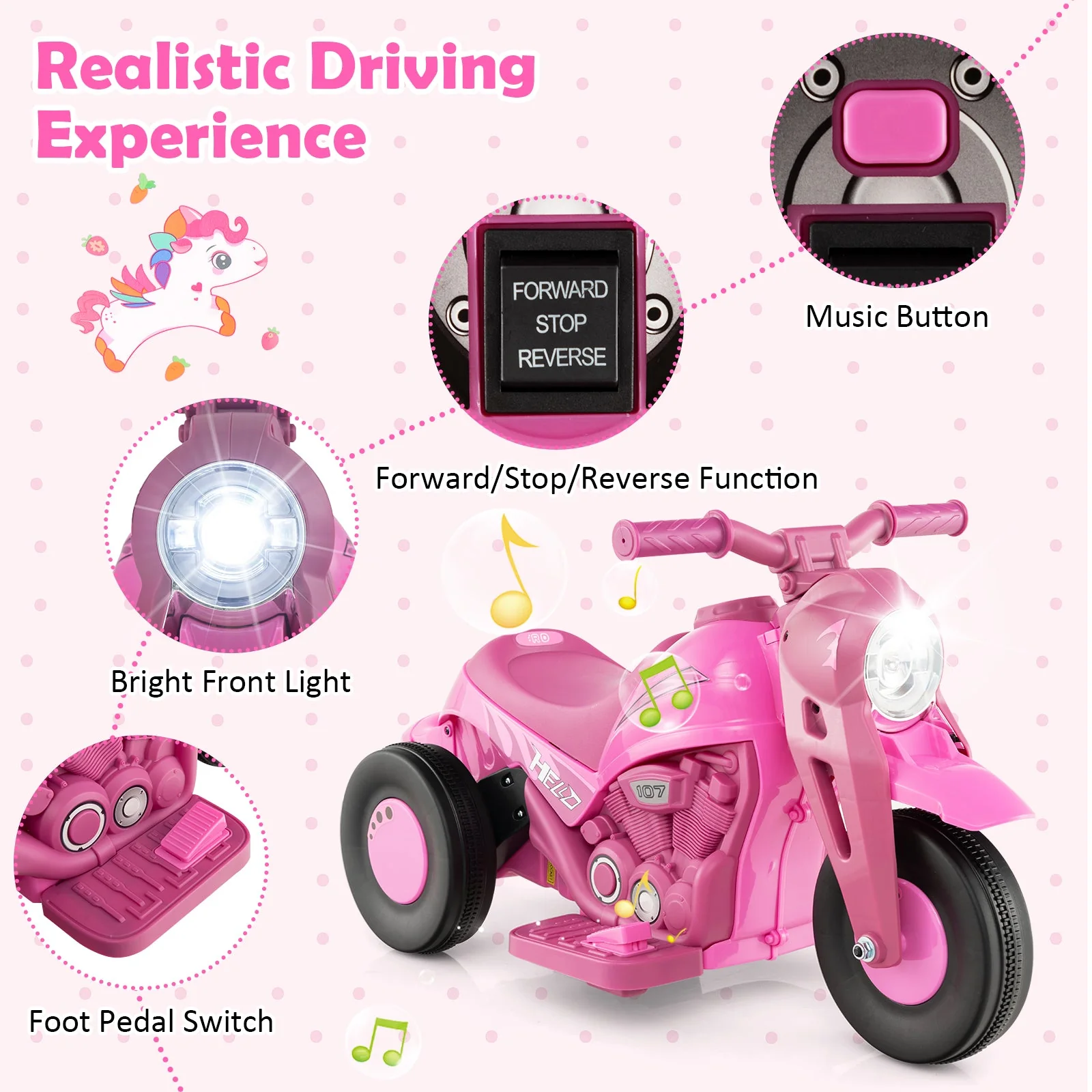 6V Kids Electric Ride on Motorcycle with Bubble Maker and Music-Pink - Image 8