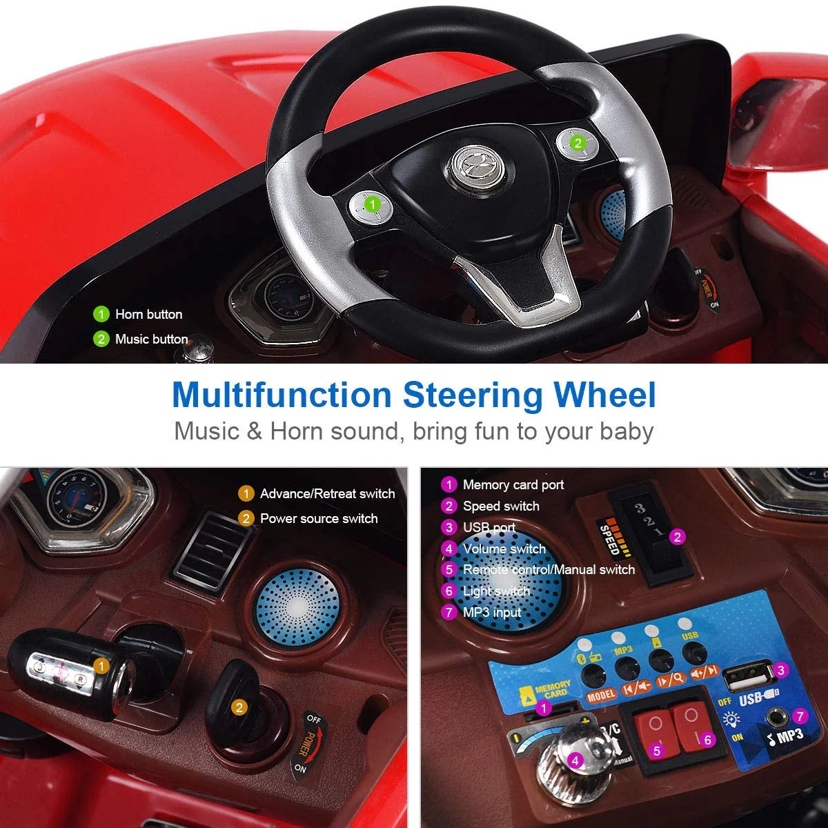 6V Kids Remote Control Battery Powered LED Lights Riding Car-Red - Image 5