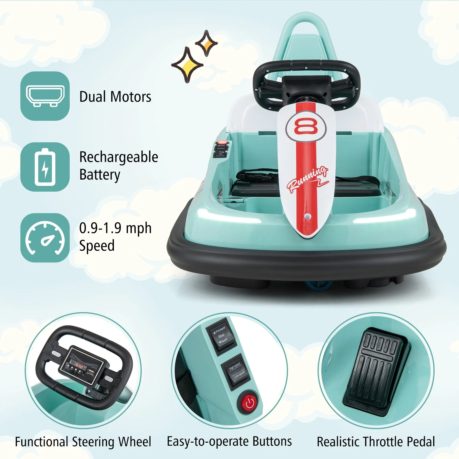 6V kids Ride-on Bumper Car with 360° Spinning and Dual Motors-Green - Image 7