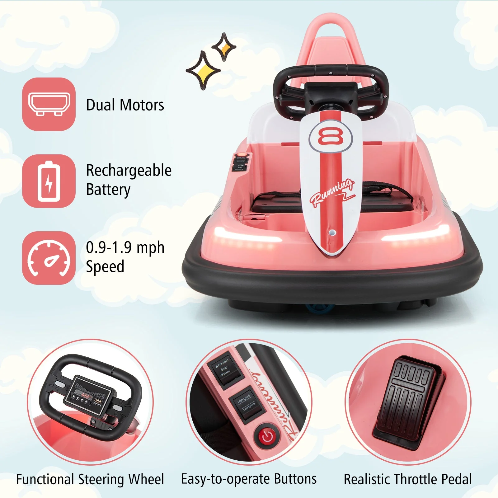 6V kids Ride-on Bumper Car with 360° Spinning and Dual Motors-Pink - Image 7