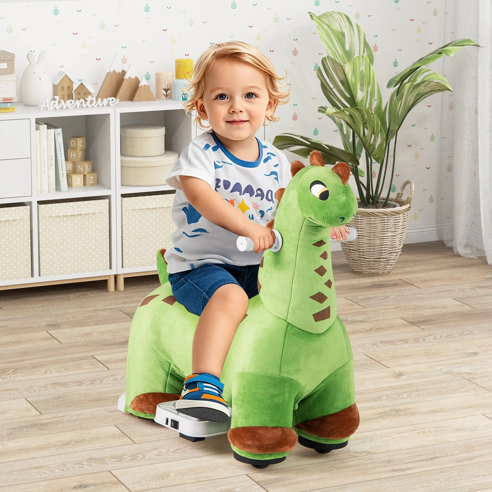 6V Kids Ride on Dinosaur with Foot Pedal and Padded Seat and Music-Green - Image 2