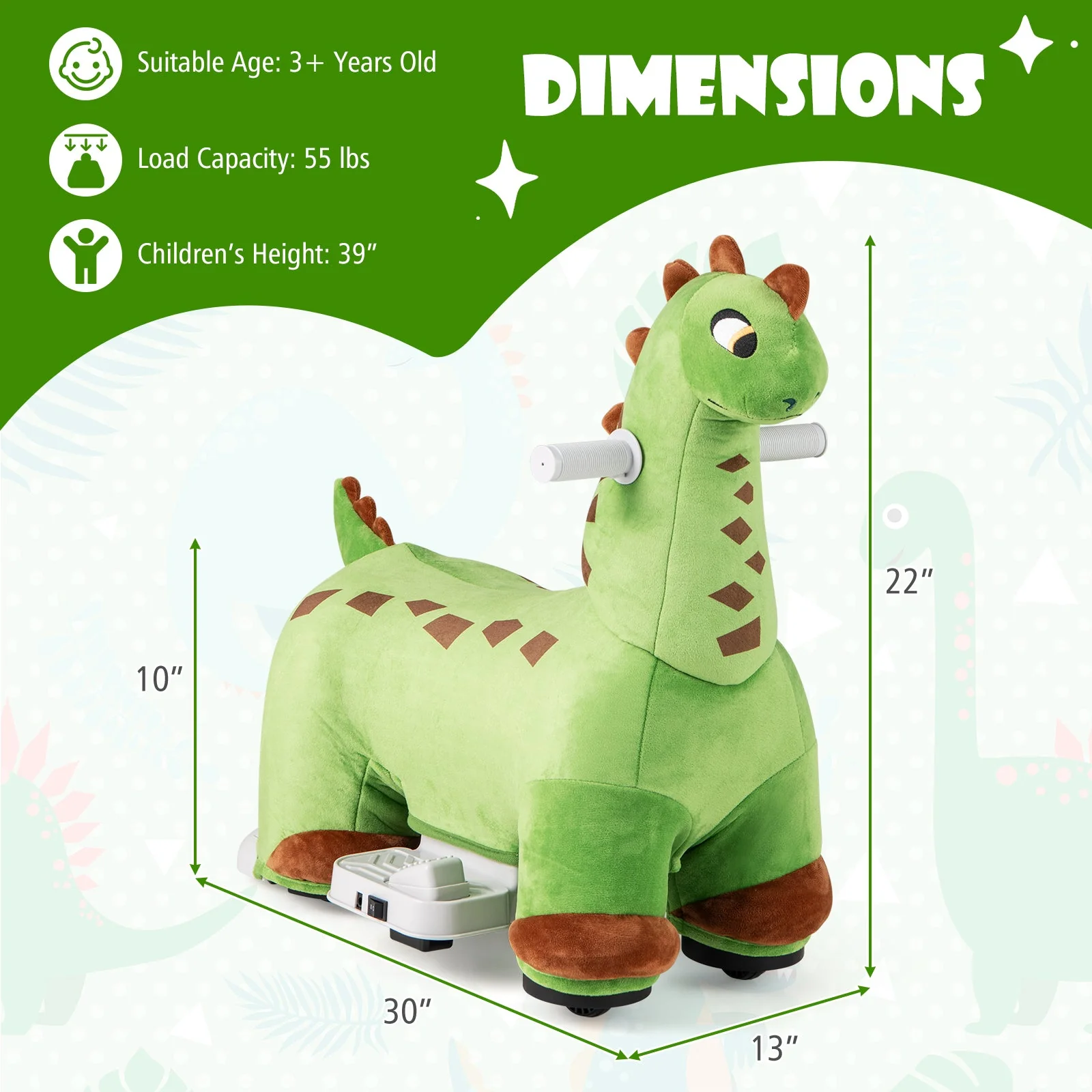 6V Kids Ride on Dinosaur with Foot Pedal and Padded Seat and Music-Green - Image 4