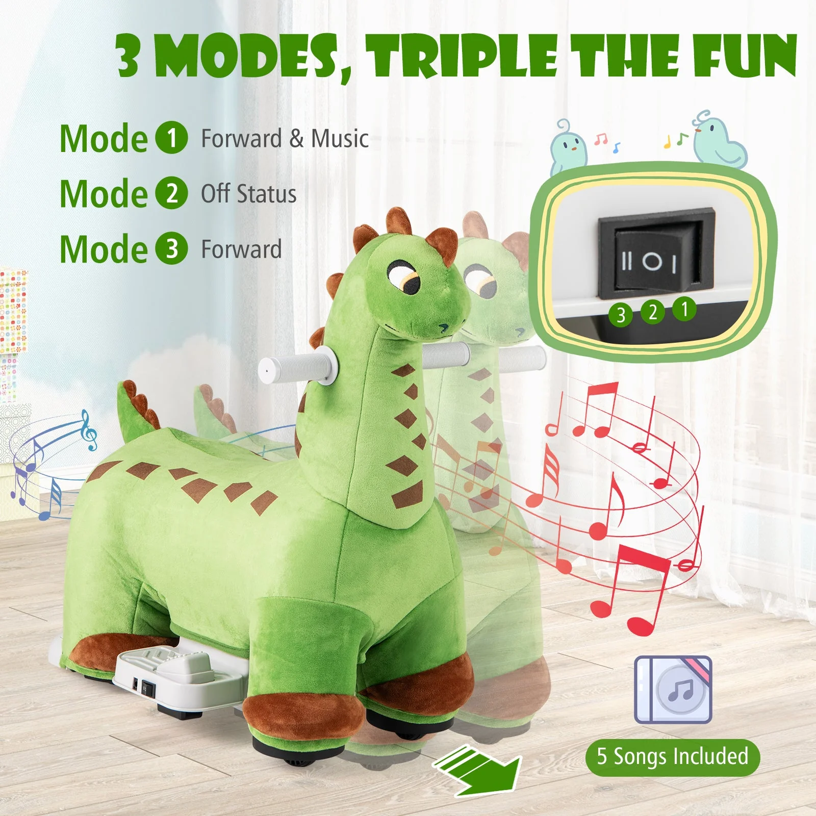 6V Kids Ride on Dinosaur with Foot Pedal and Padded Seat and Music-Green - Image 5