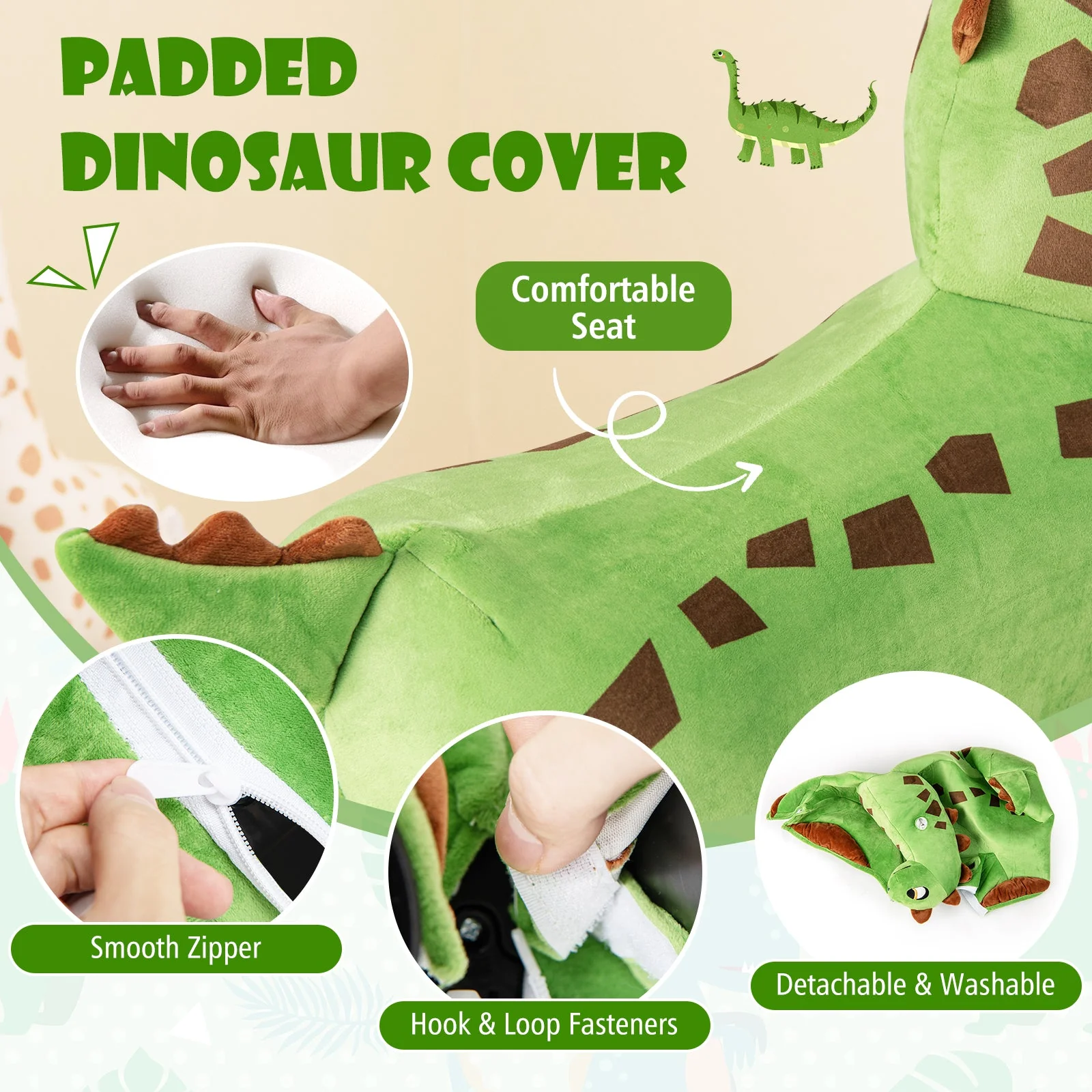 6V Kids Ride on Dinosaur with Foot Pedal and Padded Seat and Music-Green - Image 6