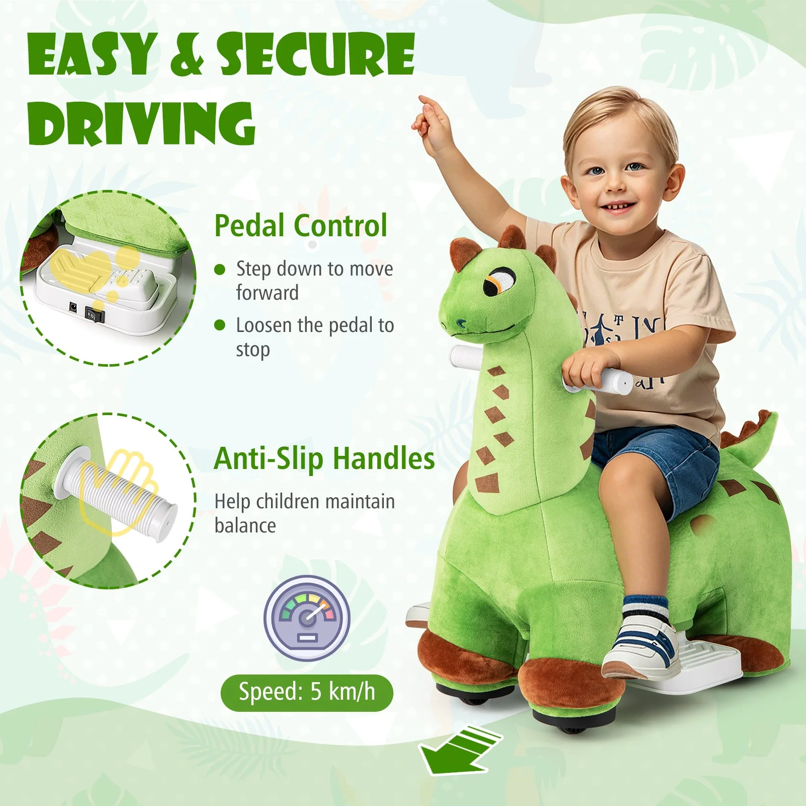 6V Kids Ride on Dinosaur with Foot Pedal and Padded Seat and Music-Green - Image 7