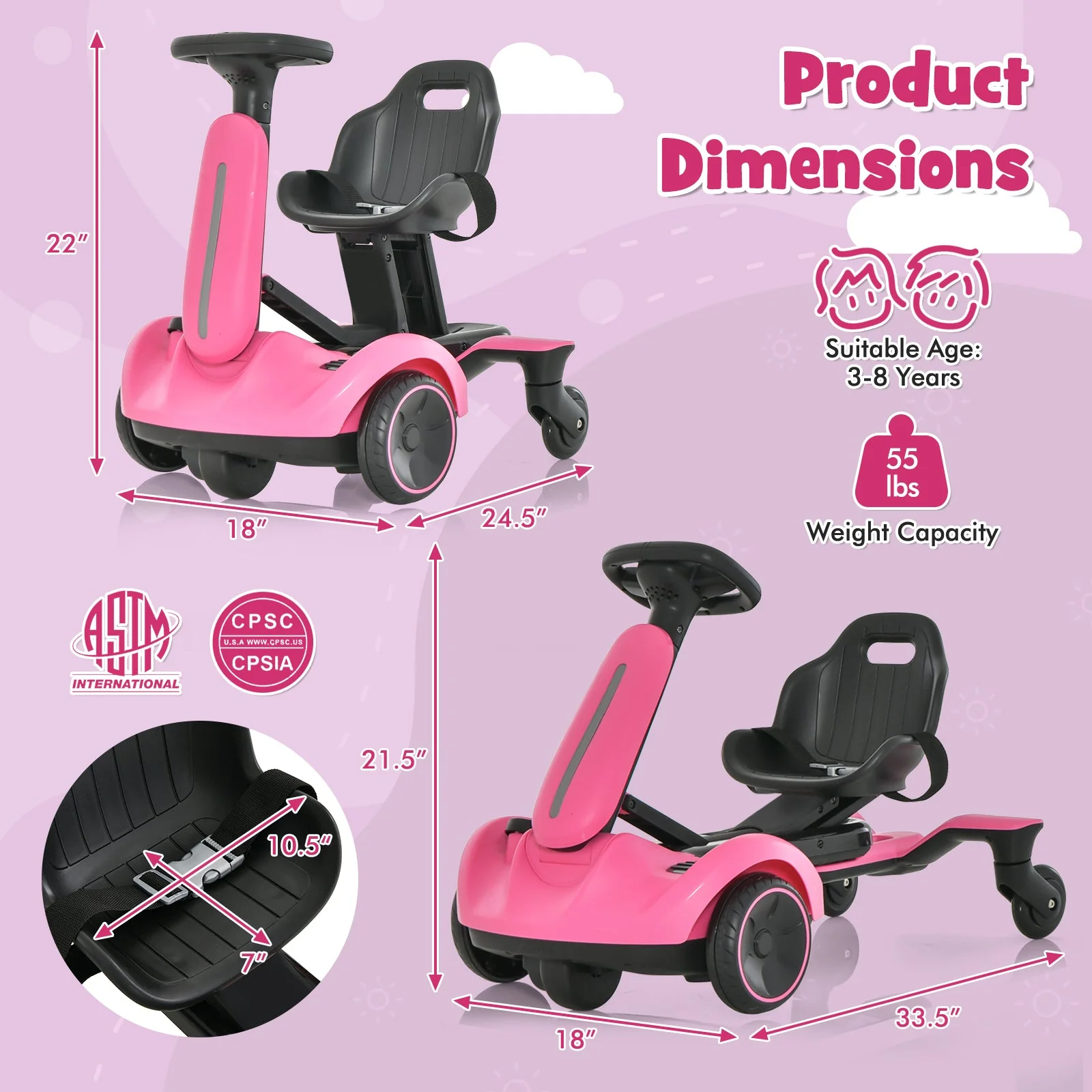 6V Kids Ride on Drift Car with 360° Spin and 2 Adjustable Heights-Pink - Image 5