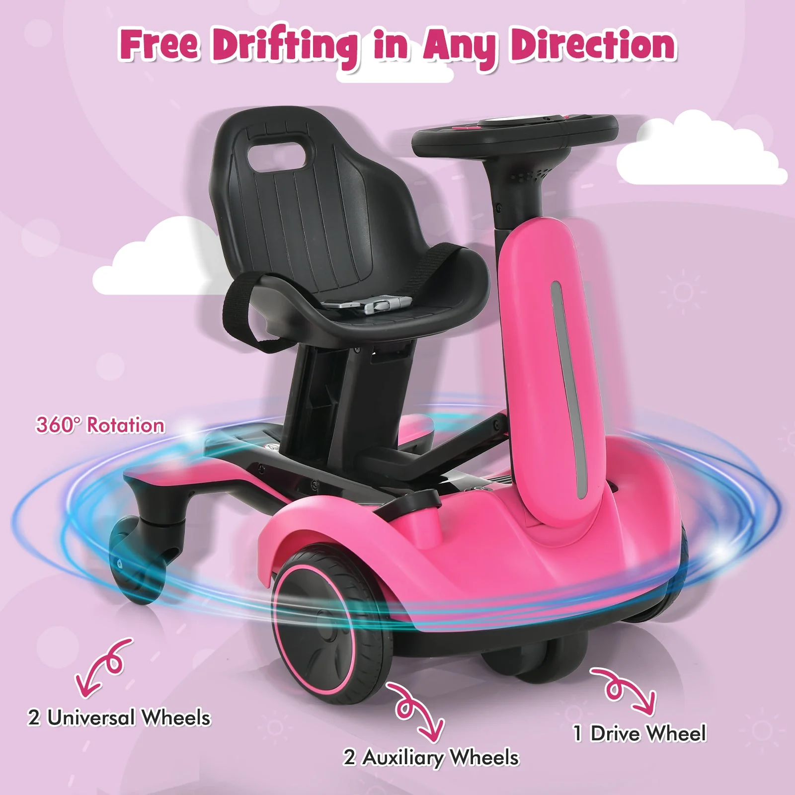 6V Kids Ride on Drift Car with 360° Spin and 2 Adjustable Heights-Pink - Image 8