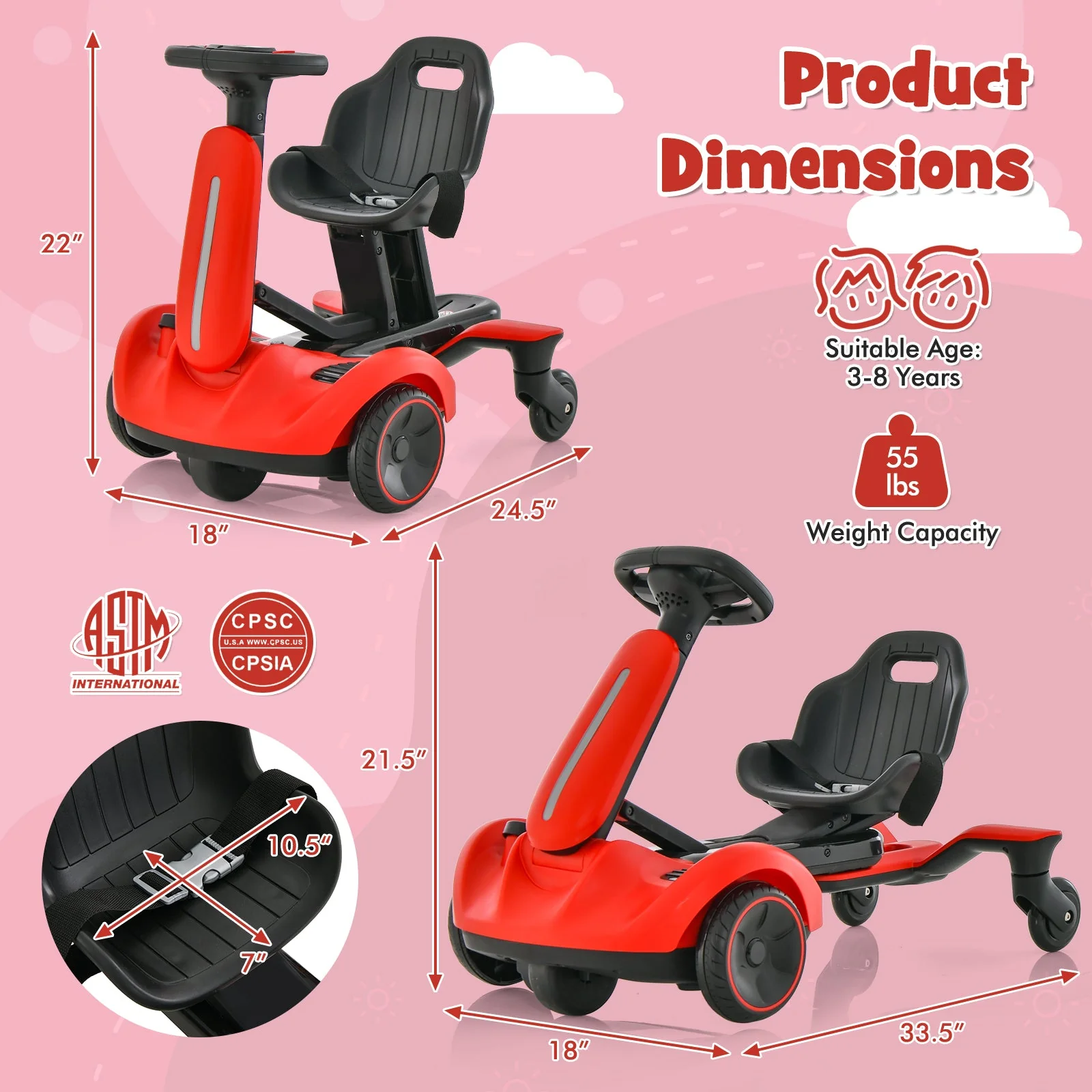 6V Kids Ride on Drift Car with 360° Spin and 2 Adjustable Heights-Red - Image 5