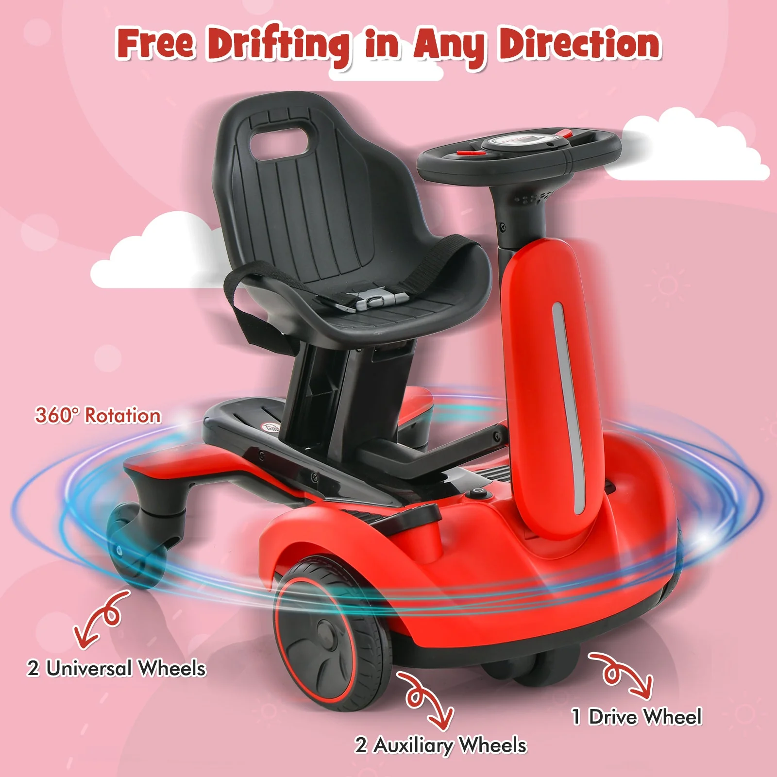 6V Kids Ride on Drift Car with 360° Spin and 2 Adjustable Heights-Red - Image 8