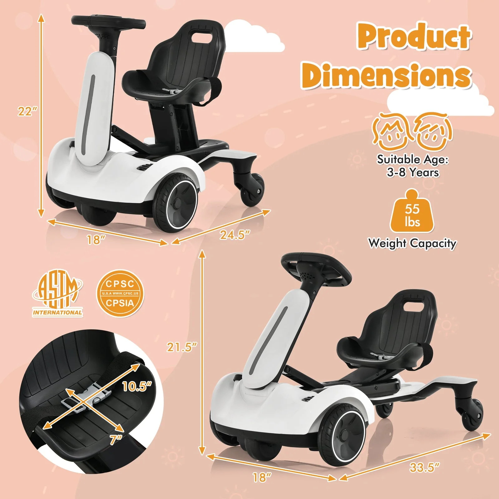 6V Kids Ride on Drift Car with 360° Spin and 2 Adjustable Heights-White - Image 5