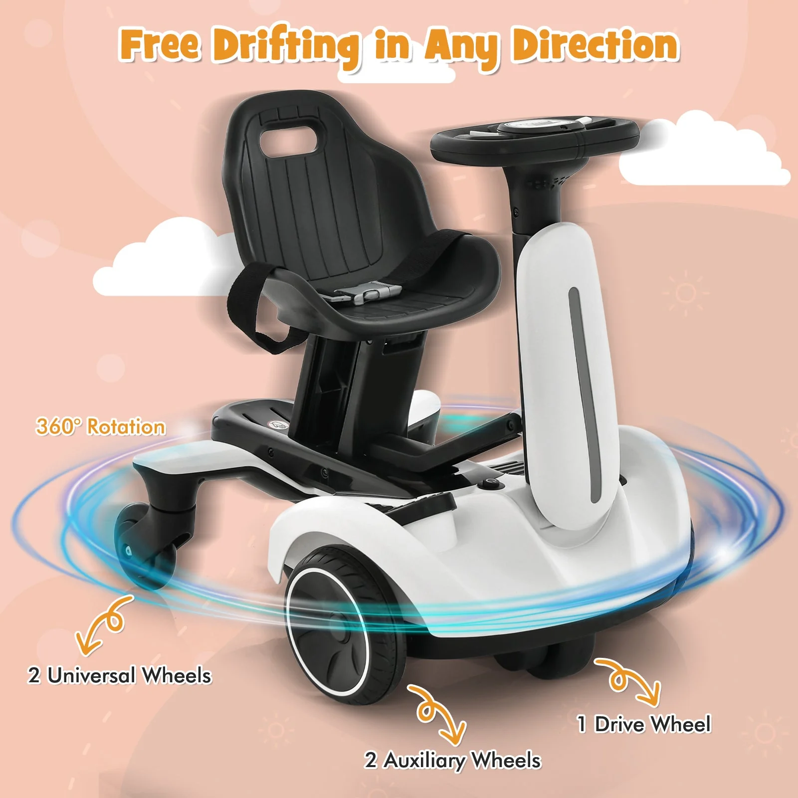 6V Kids Ride on Drift Car with 360° Spin and 2 Adjustable Heights-White - Image 8